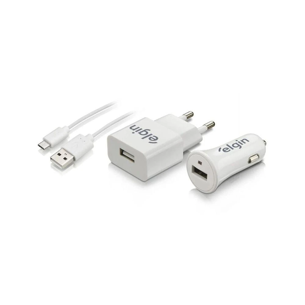 Kit Carregadores Elgin USB com Cabo Micro USB 1M Bivolt 5V 1A Branco 1 Unidade
