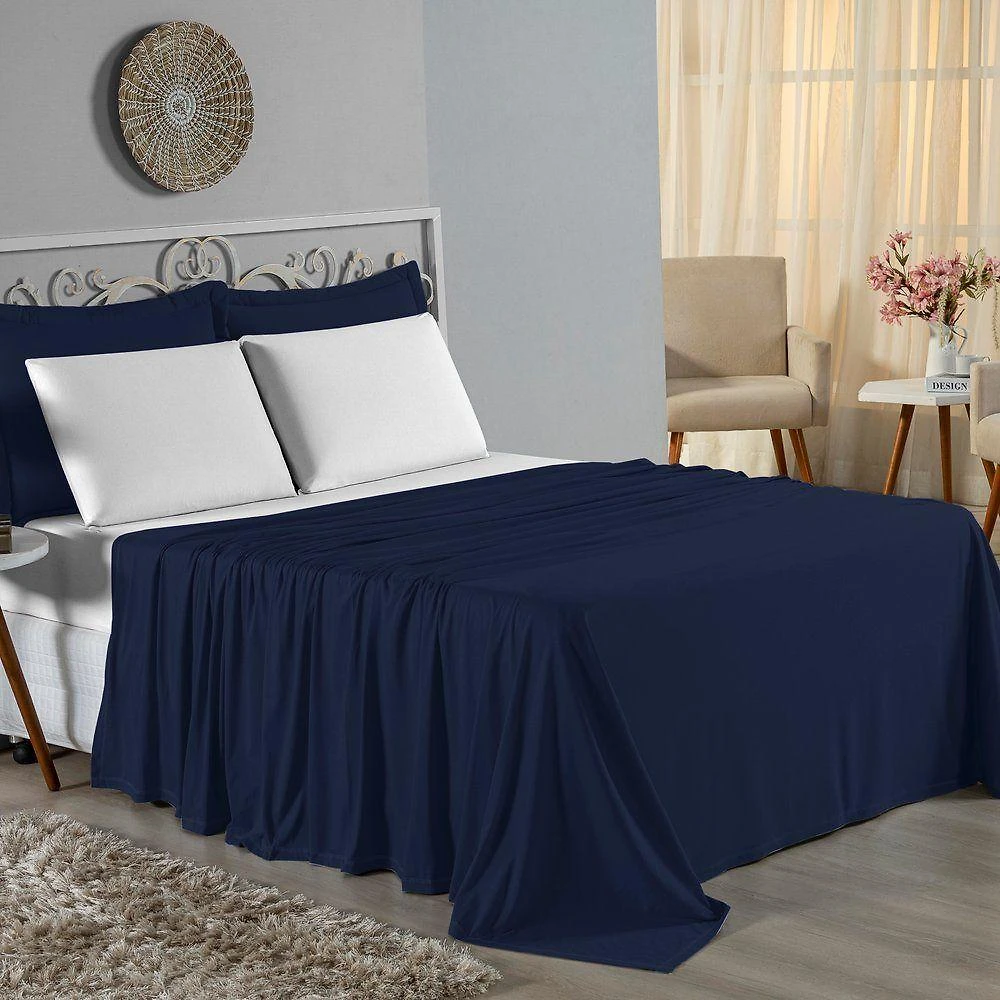 Jogo De Cama Solteiro Nobre 3 Peças Lençol Com Elástico De 30cm De Altura Malha 100% Algodão - Azul-marinho / Branco