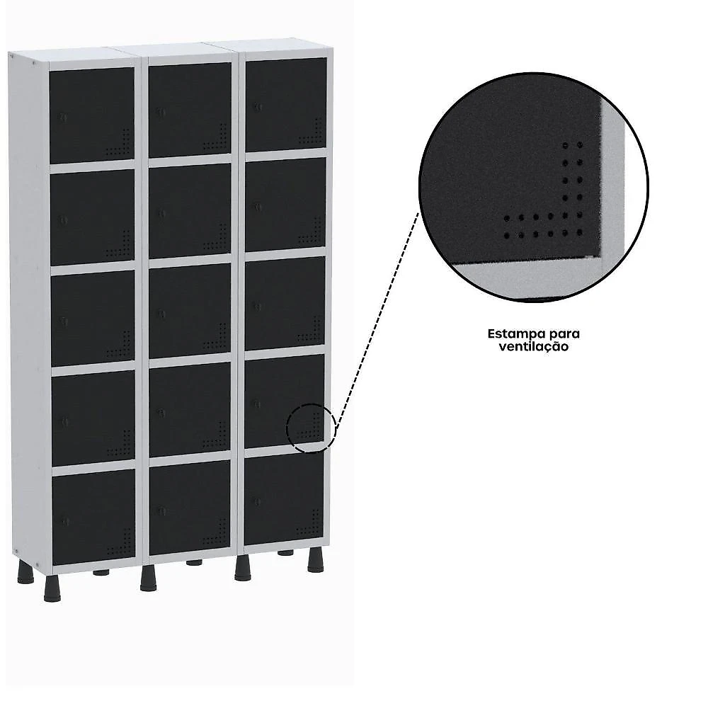 Armário Locker Guarda-volume Aço Light 15 Portas 103,5x179,5cm Cinza/Preto