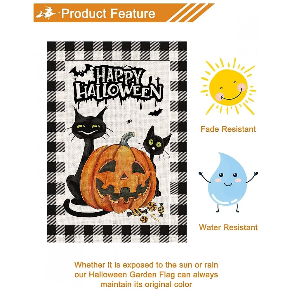 Bandeira Dupla Face 1 Metro para Decoração de Halloween, Estampa Gato Preto e Abóbora