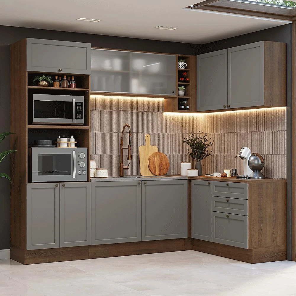 Armário de cozinha completa de canto 399 cm rustic/cinza vik madesa 01