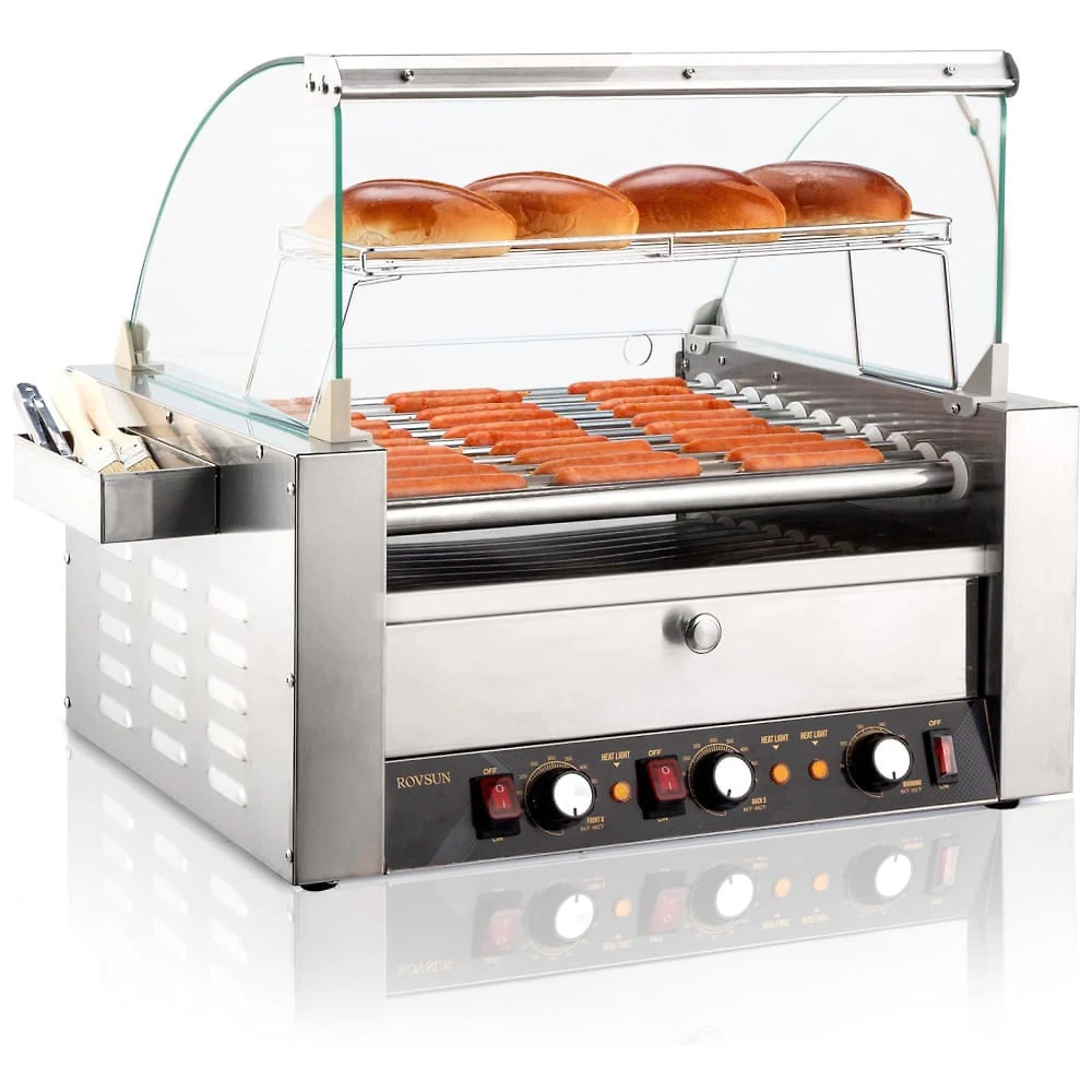 Máquina para Cachorro Quente 11 Rolos até 30 Salsichas com Luz LED, Controle de Temperatura Duplo e Aquecedor de Pão, 11...