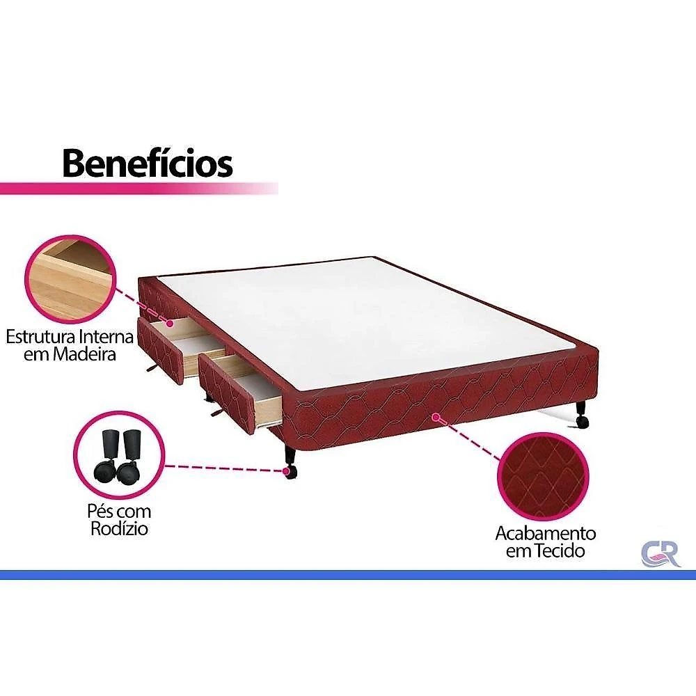 Cama Box King Poli Wine 4 Gavetas Madeira Tecido Vinho Colchões Castor