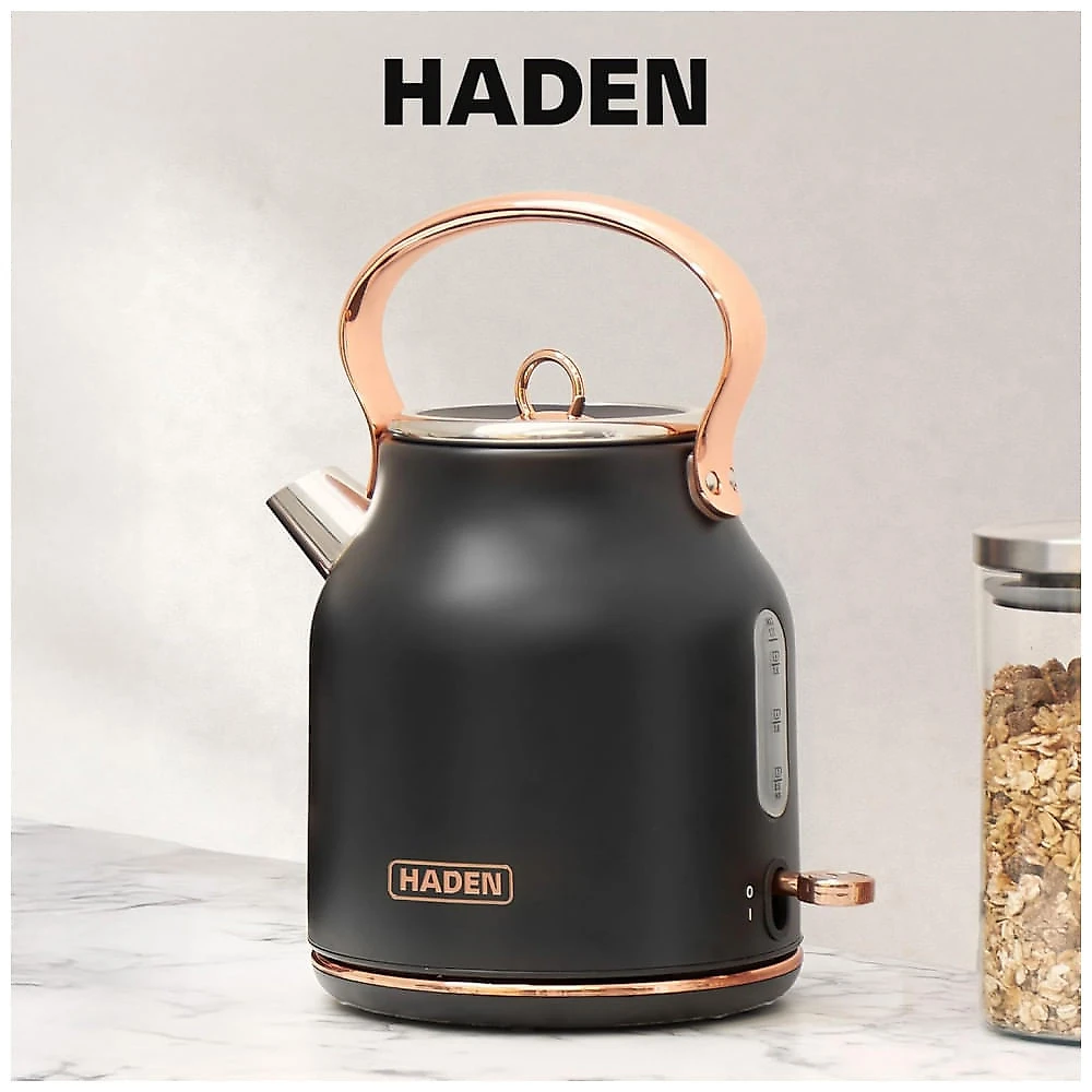 Conjunto chaleira elétrica e torradeira HADEN Heritage inox preta e cobre 4 fatias 1,7L 110V