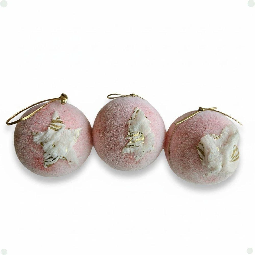 Bolas de Natal Jogo com 3 Decoradas Rosa Acabamento Aveludado Detalhes Dourados 8CM Florarte