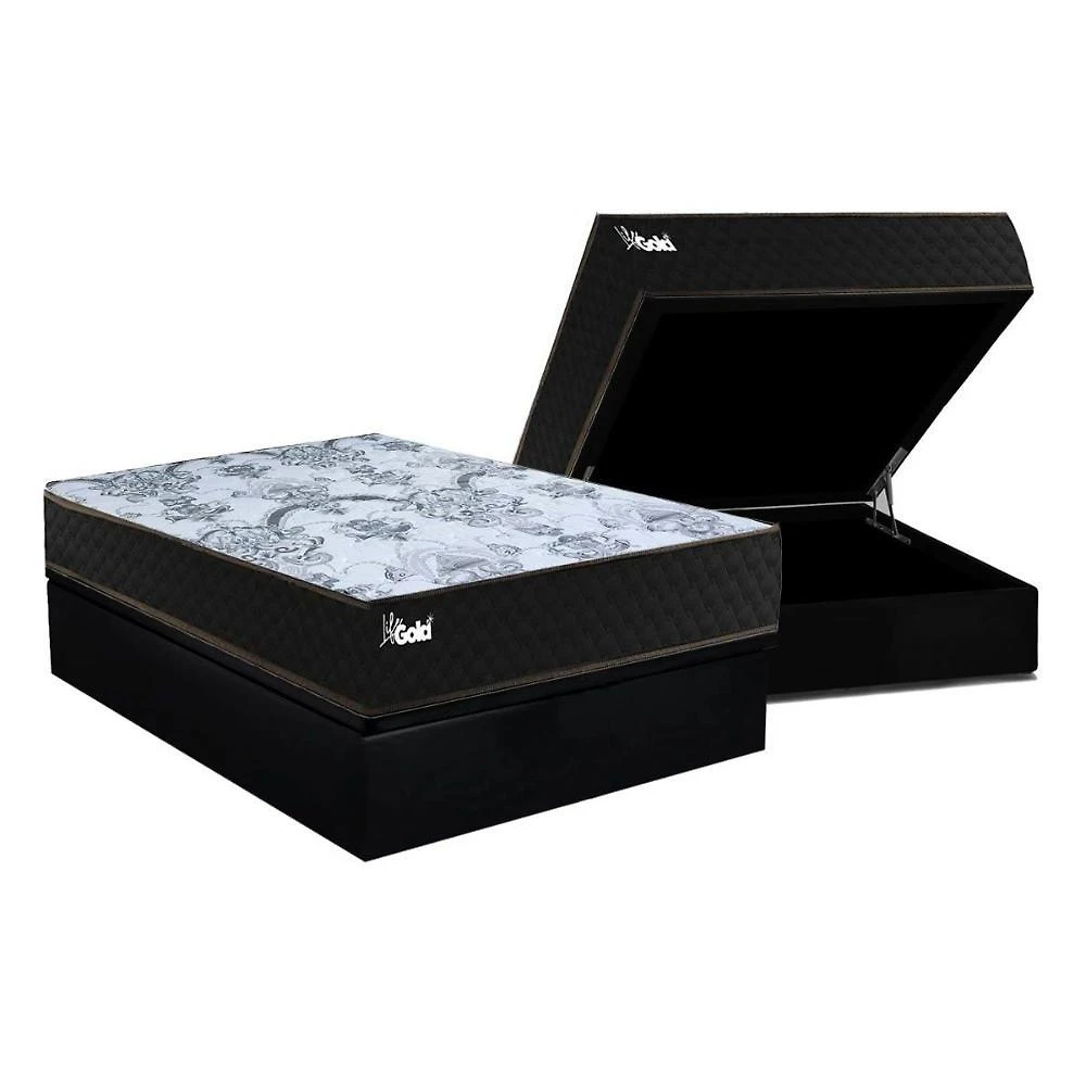 Cama Box Baú Casal: Colchão Molas Masterpocket Ensacadas Paropas Life Gold + Base Crc Suede Black (138x188)