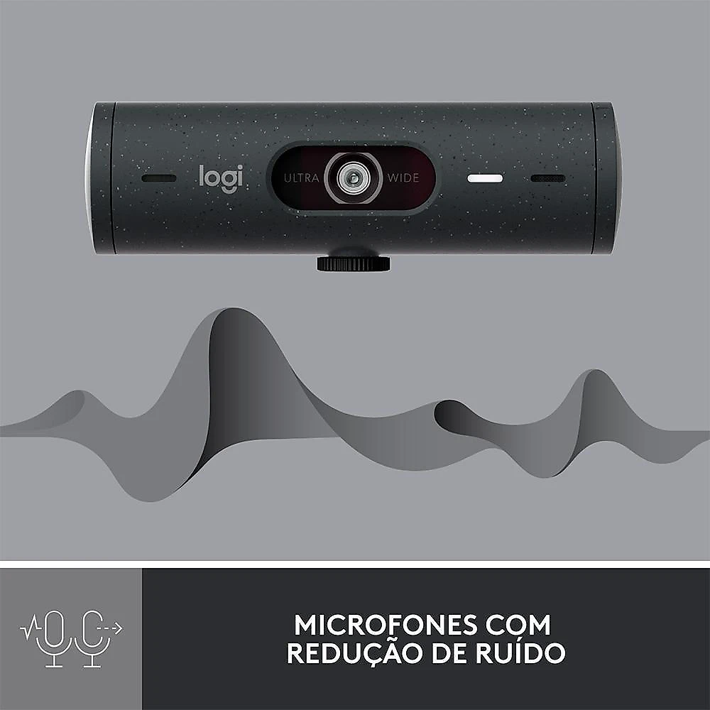 Webcam + Suporte Logitech Brio 500 Full HD, 1080p, 30 FPS, com Microfones Duplos, USB, Suporte Incluso, Grafite - 960-001412