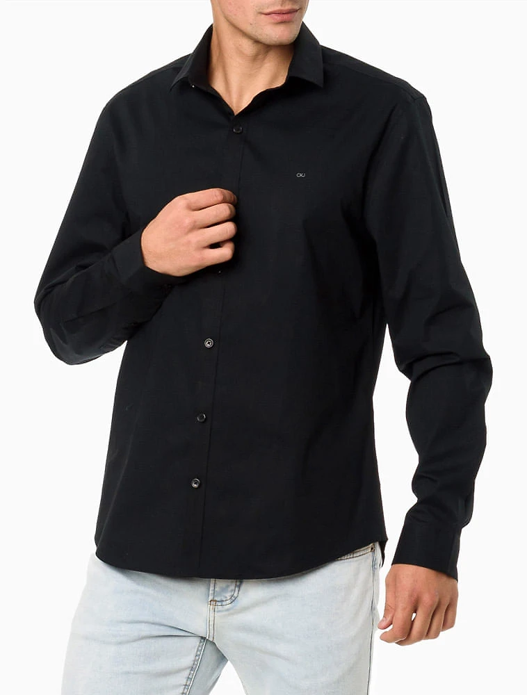 Camisa Masculina Slim Básica de Manga Longa Calvin Klein - Preto