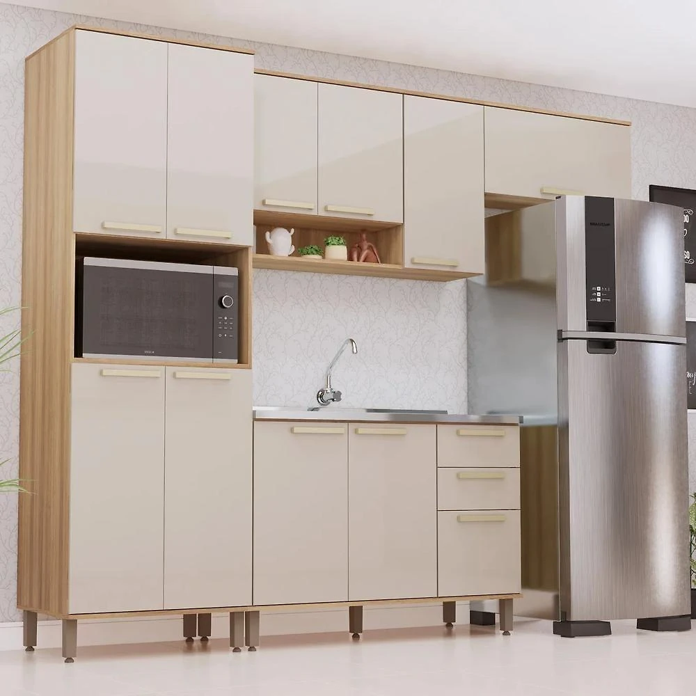 Armário Cozinha 4 Peças Nádia 11 Portas 2 Gavetas MDP 270CM Mocca e Avelã Mpozenato