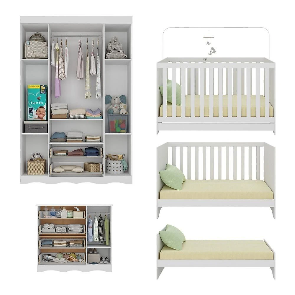 Quarto De Bebê Completo Berço Americano 3 Em 1 Colchão Realeza Multimóveis MP4599 Branco