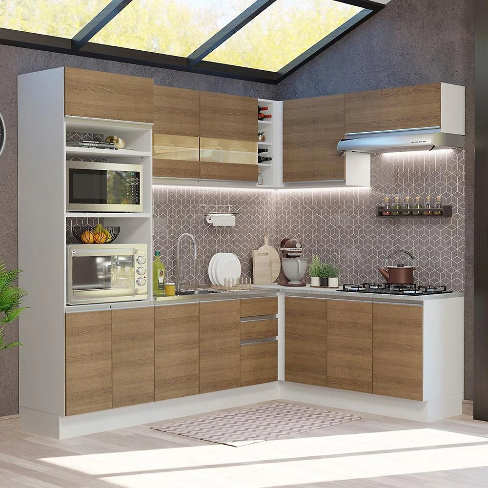 Cozinha Completa de Canto Madesa Glamy 419001 com Armário e Balcão (Sem Tampo e Pia) - Branco/Rustic