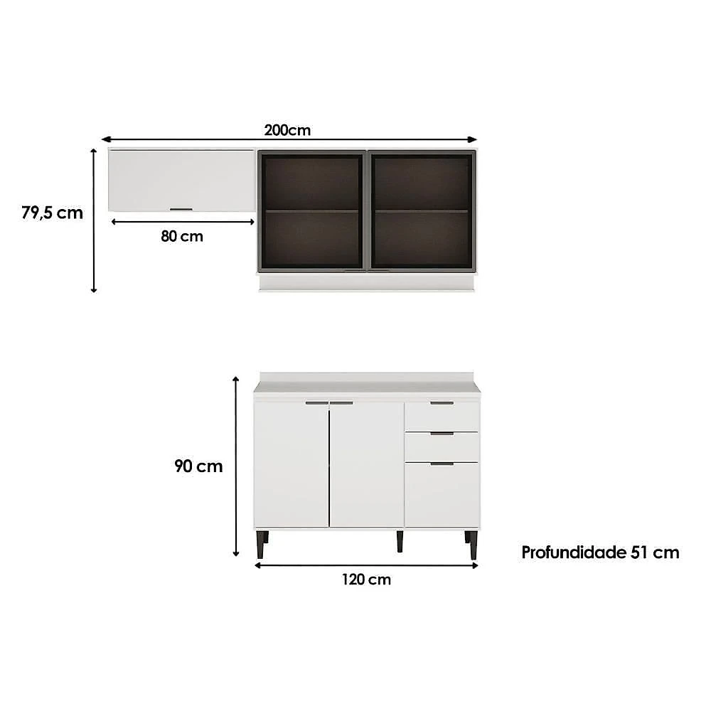 Cozinha Completa Alpha 3 Peças (2aéreos+1balcão) C3p33 Branco - Carraro
