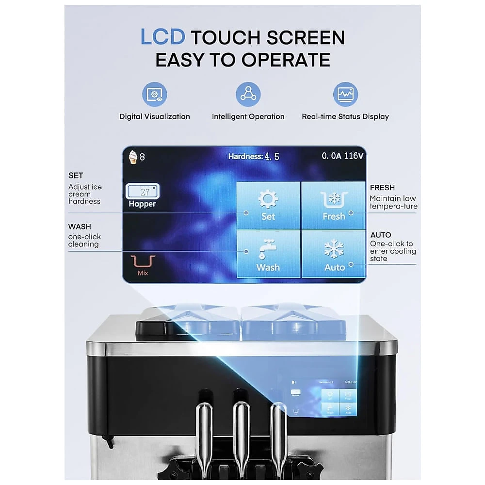 Máquina Comercial de Sorvete FOHERE 3 Sabores 25-32 L/h, Prata, Funil 14 L, Painel LCD Touch, Auto Limpeza, 825B, 2200W