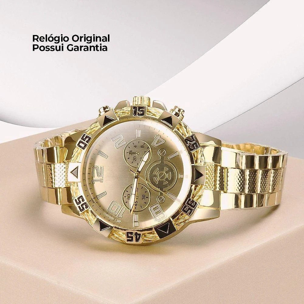 Relogio Masculino Aço Banhado Ouro + Crucifixo + Pulseira