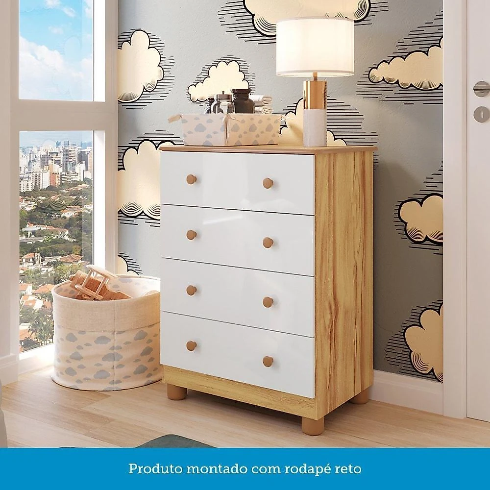 Quarto de Bebê com Guarda Roupas 3 Portas Cômoda e Berço com Rodizio Mimo 100% Mdf Espresso Móveis Branco Brilho/Amêndoa