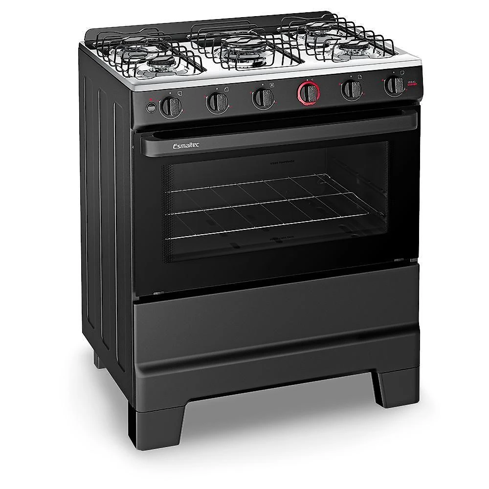 Fogão A Gás Esmaltec Mesa Inox E Forno 84L Limpa Fácil Ideal Super Preto 5 Bocas Bivolt