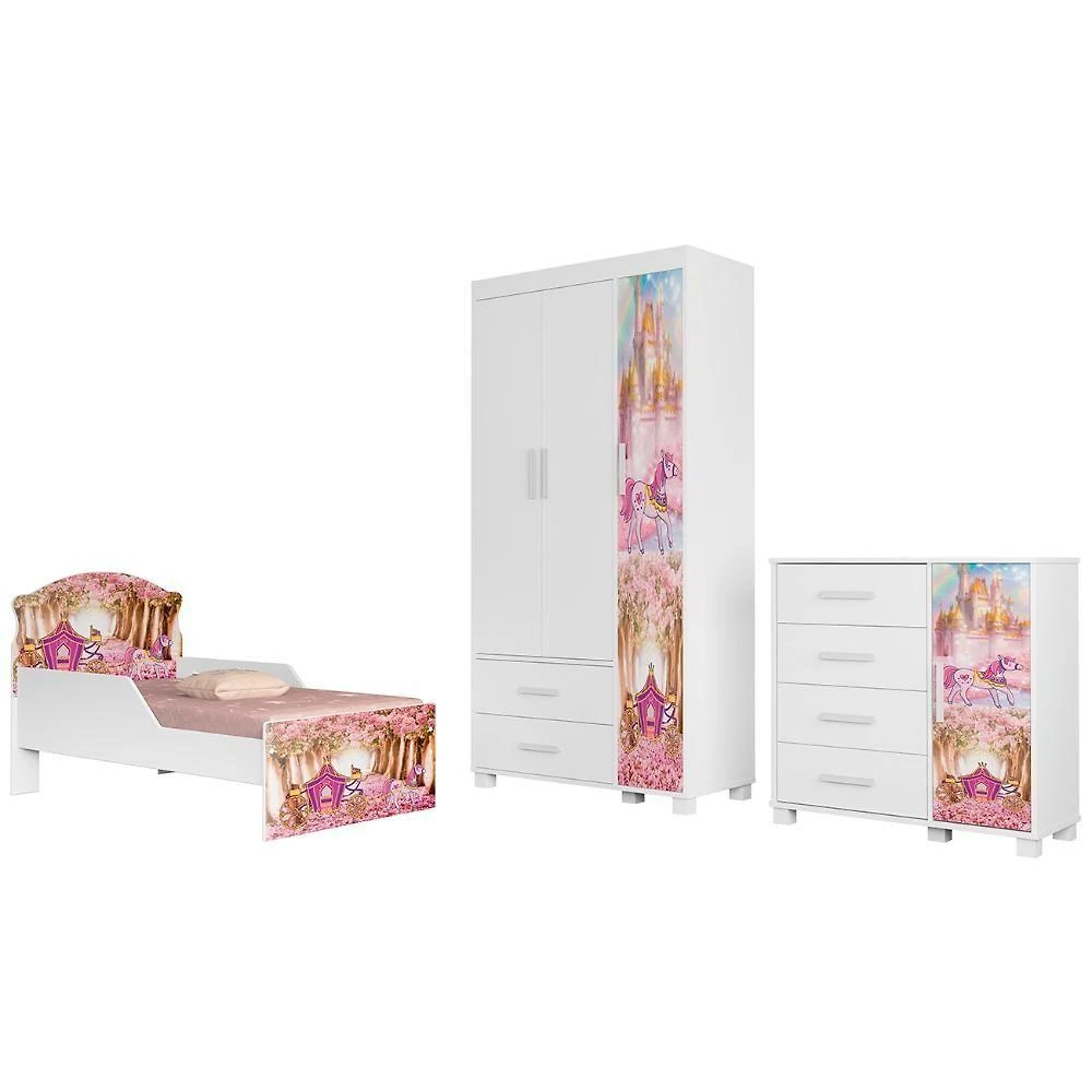 Quarto Infantil 3 Peças Com Mini Cama Carruagem Rosa Z53 - Mpozenato