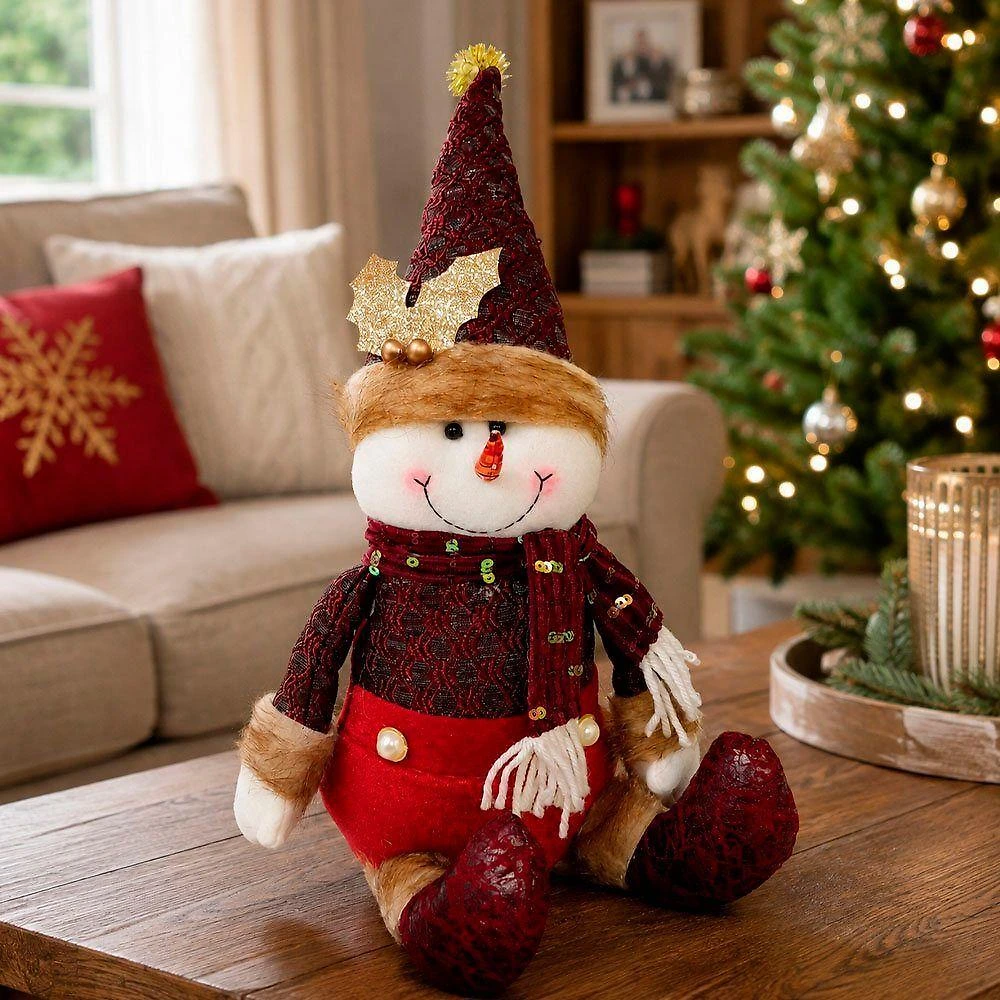 Boneco de Neve Sentado Enfeite de Pelúcia Decoração Natalina Modelo Boneco Natalino Vermelho