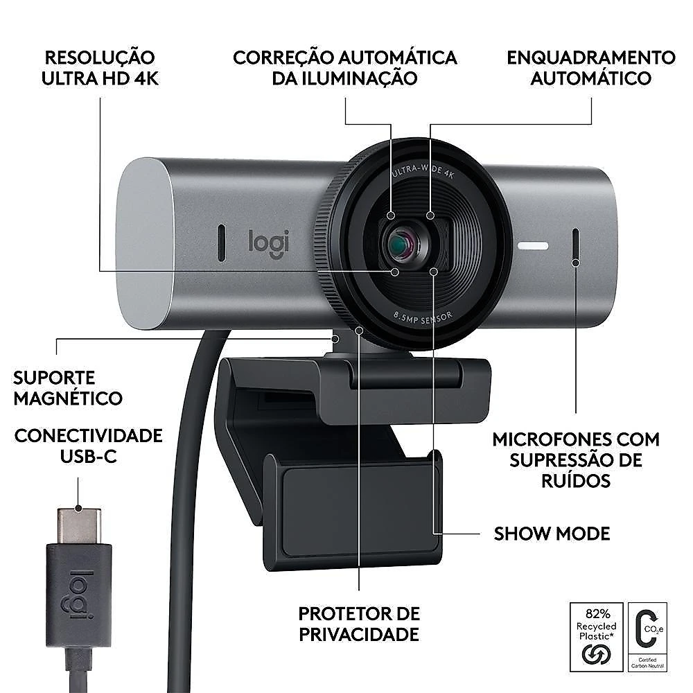 Webcam Ultra HD 4K Logitech MX Brio Com Microfones com Redução de Ruído, Protetor de Privacidade e Conexão USB-C, Grafite - 960-001548