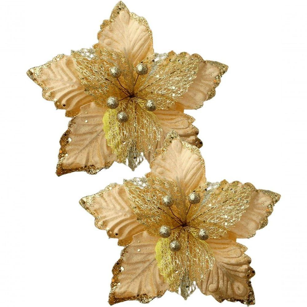 Kit 8 Flores Artificial Glitter Dourado Enfeite Natal 25cm