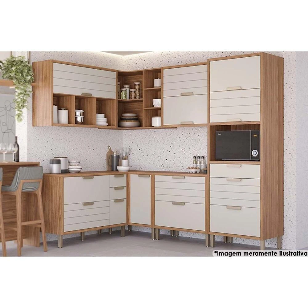 Cozinha Modulada Completa Eloise 7 Peças 33 Aéreos + 3 Balcões + 1 Paneleiro Cz029 Freijó Off White
