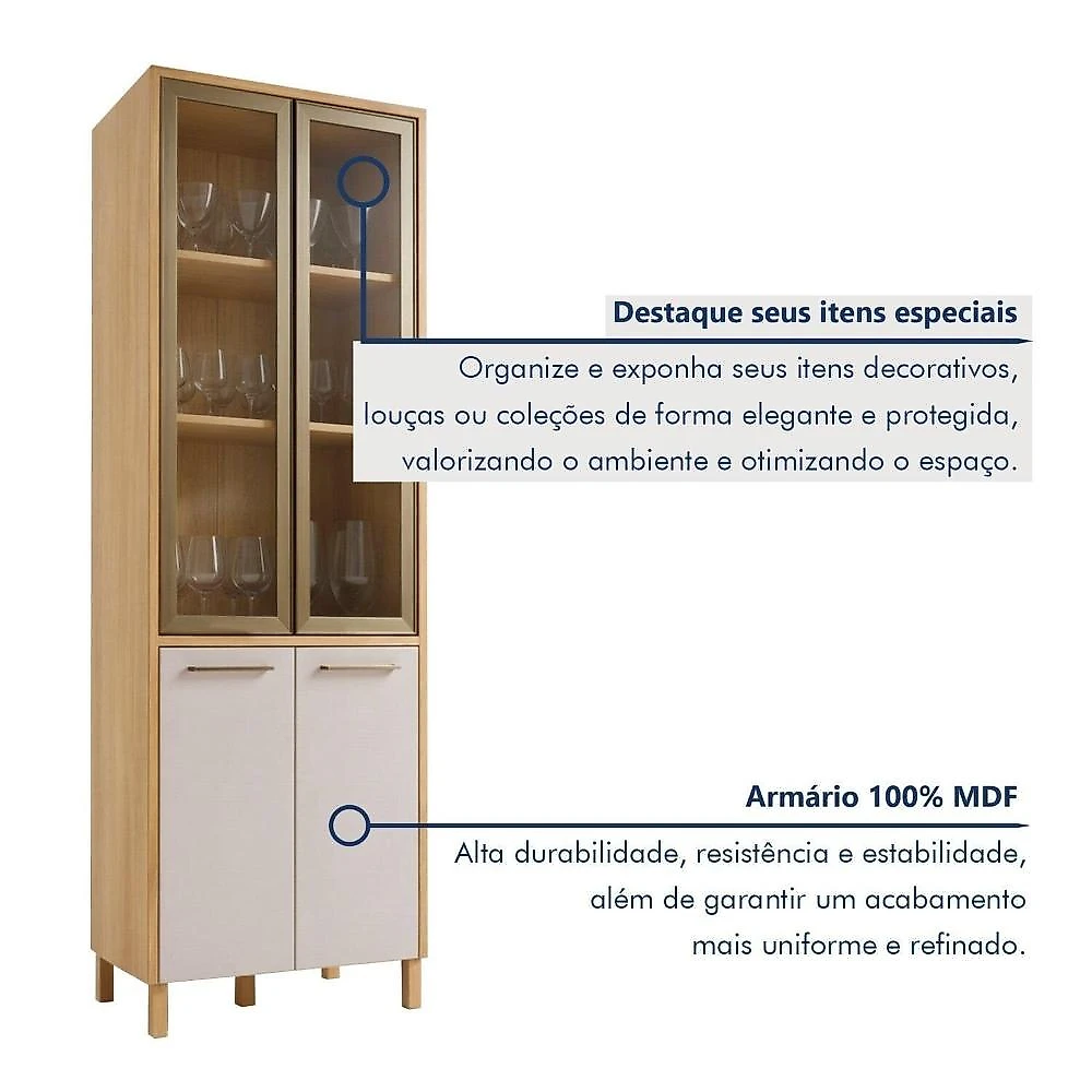 Paneleiro de Cozinha com 4 Portas e Vidro Reflecta Nobre Cinamomo/Off White