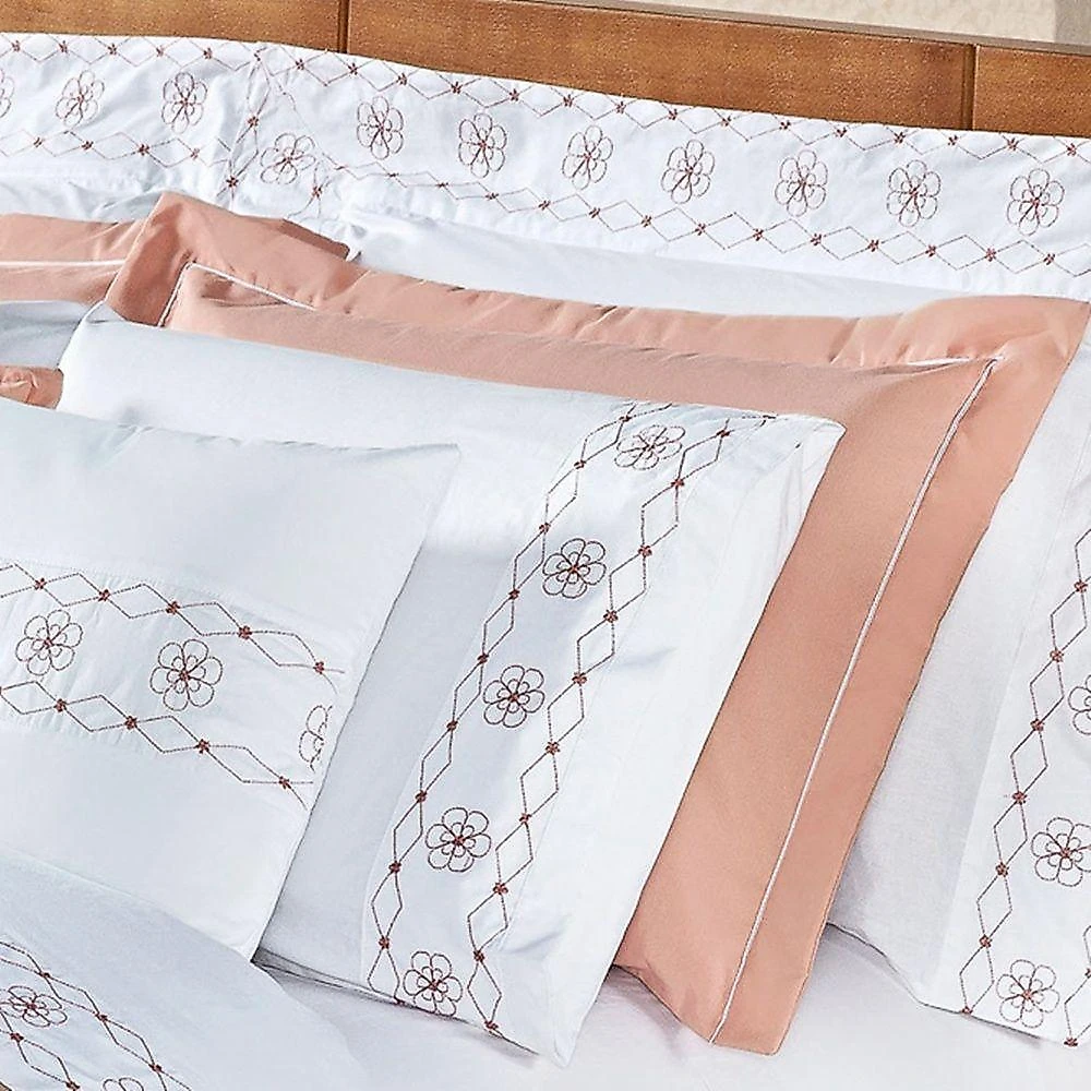 Edredom + Jogo De Cama 200 Fios Damasco Queen 15 Peças 100% Poliéster - Branco/salmao