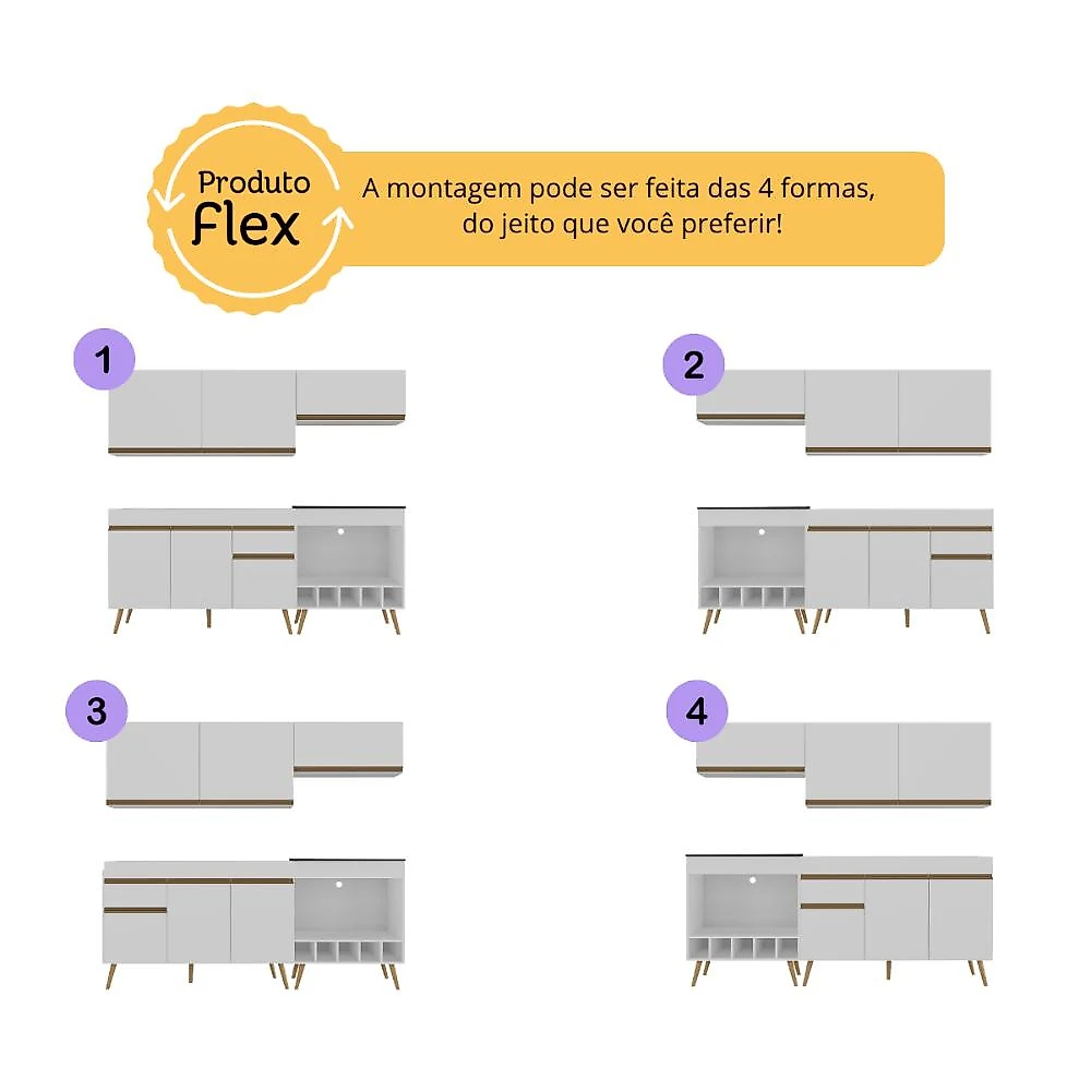 Armário Cozinha Modulada Compacta c/ Gabinete p/ Pia e Balcão p/ Cooktop Veneza Multimóveis MP3775 Branco/Dourado