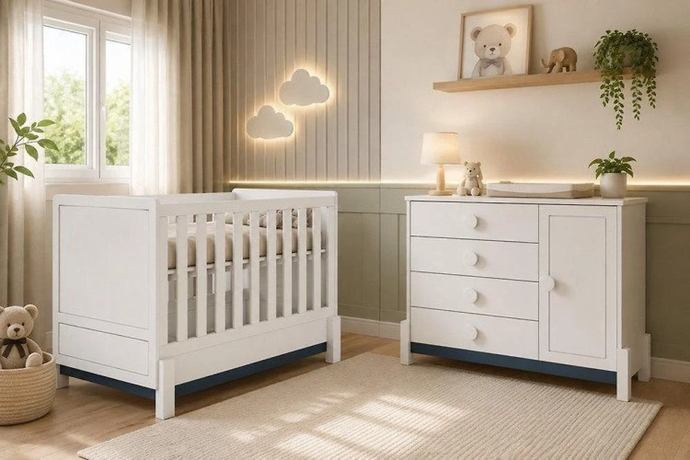 Quarto de Bebê Comoda 4 Gv em MDF e Berço 2 em 1 (Berço/Caminha) em MDF Linha Luna em MDF Neve/Azul