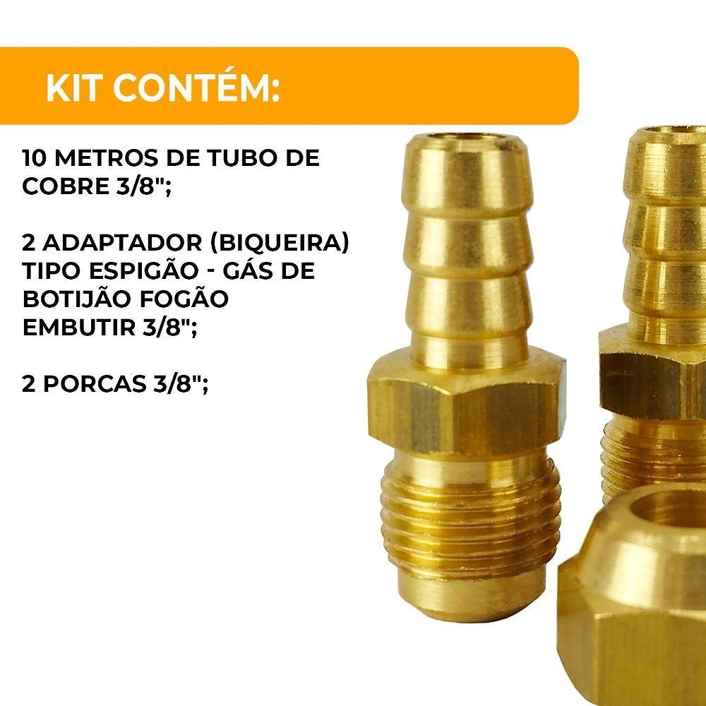 Miniatura Kit Cano De Cobre 3-8 Gás De Cozinha 10m + Bico Para Mangueira 1 Unidade
