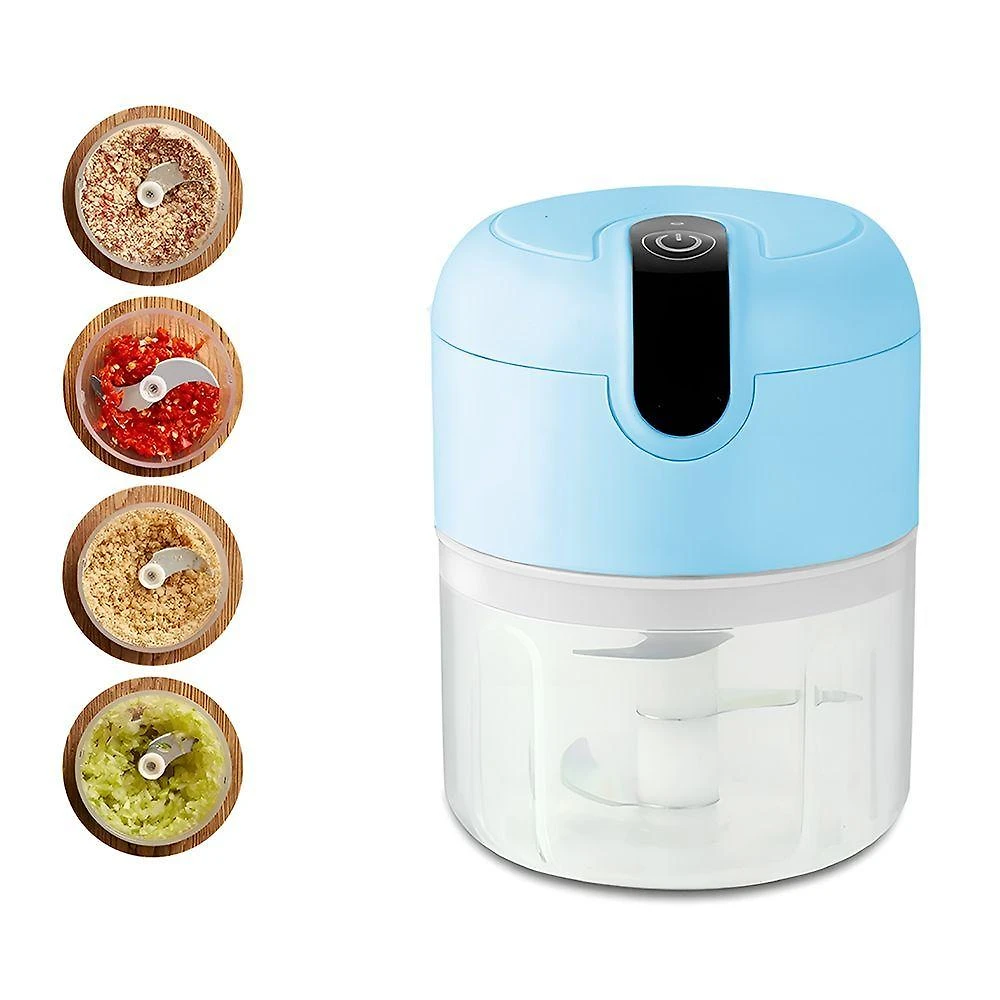 Mini Processador Elétrico Azul 280ml Usb Recarregável Tritura Alho E Pimenta Com 3 Lâminas