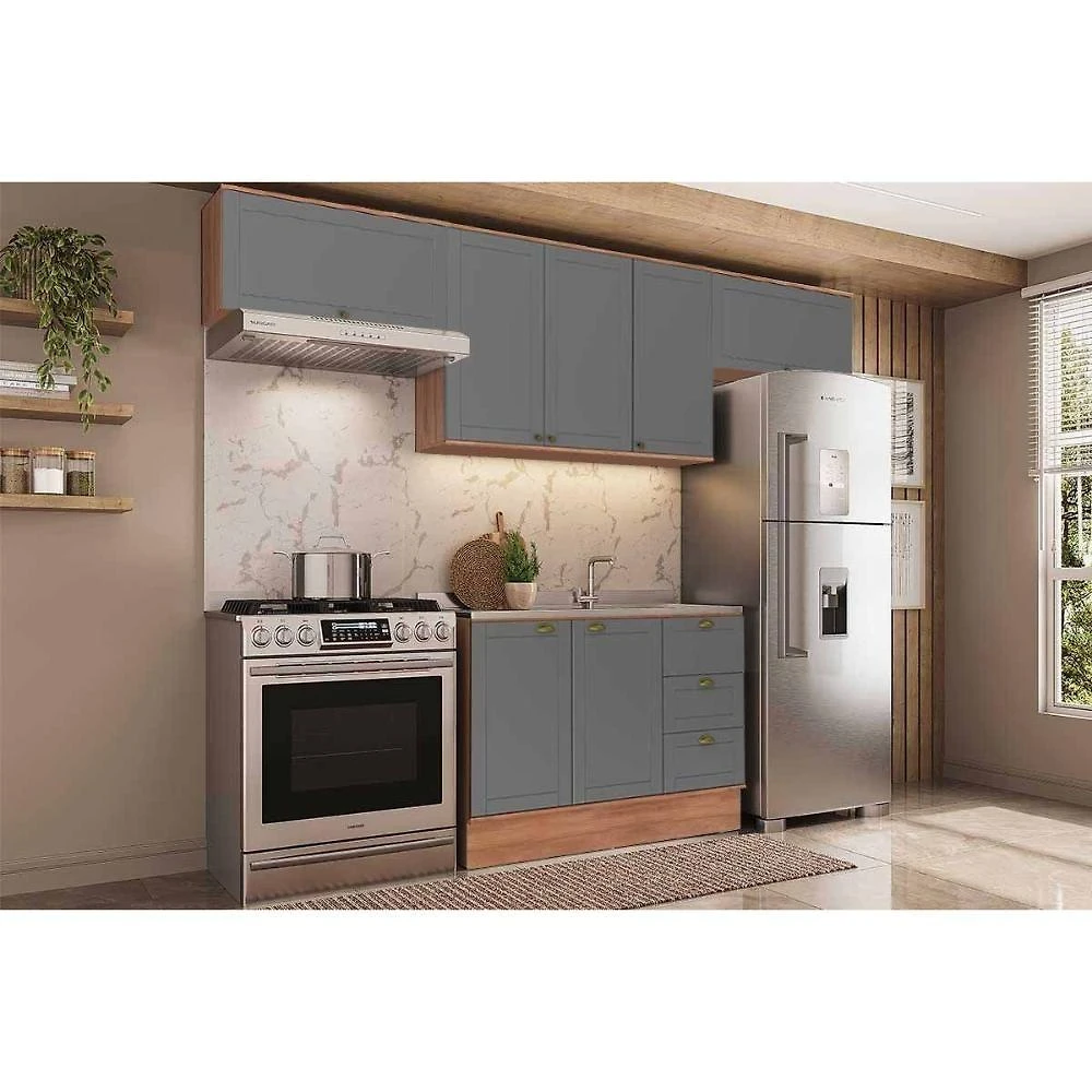 Cozinha Completa Kit Bella C4P171 8 Portas 3 Gavetas MDF 320CM Nogal-Cinza