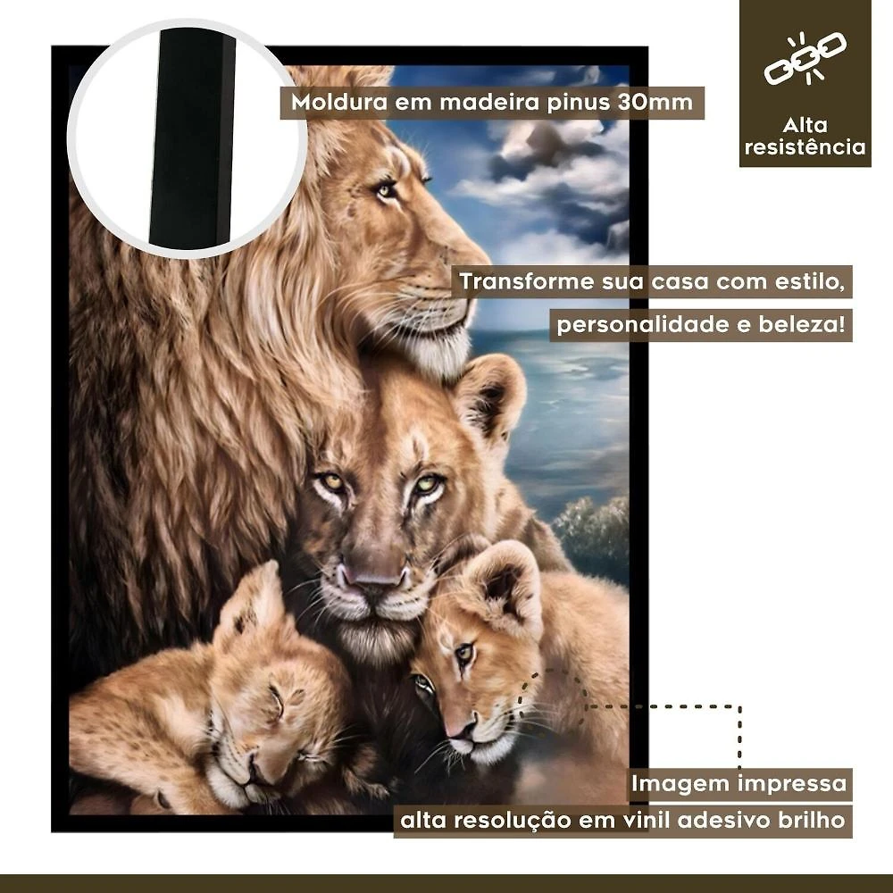 Miniatura Quadro Decorativo Leão Leoa e Filhotes Animal 005 40cmx60cm