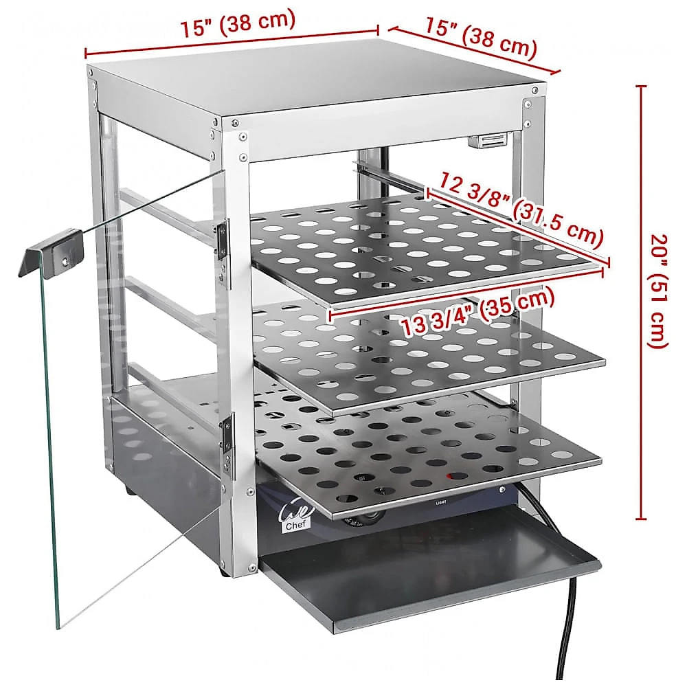 Expositor Aquecedor de Alimentos WeChef 3 Andares 38 cm Pizza Aquecedor Elétrico com Iluminação LED Ajustável Aço Inoxidável 600W 57-85°C (112