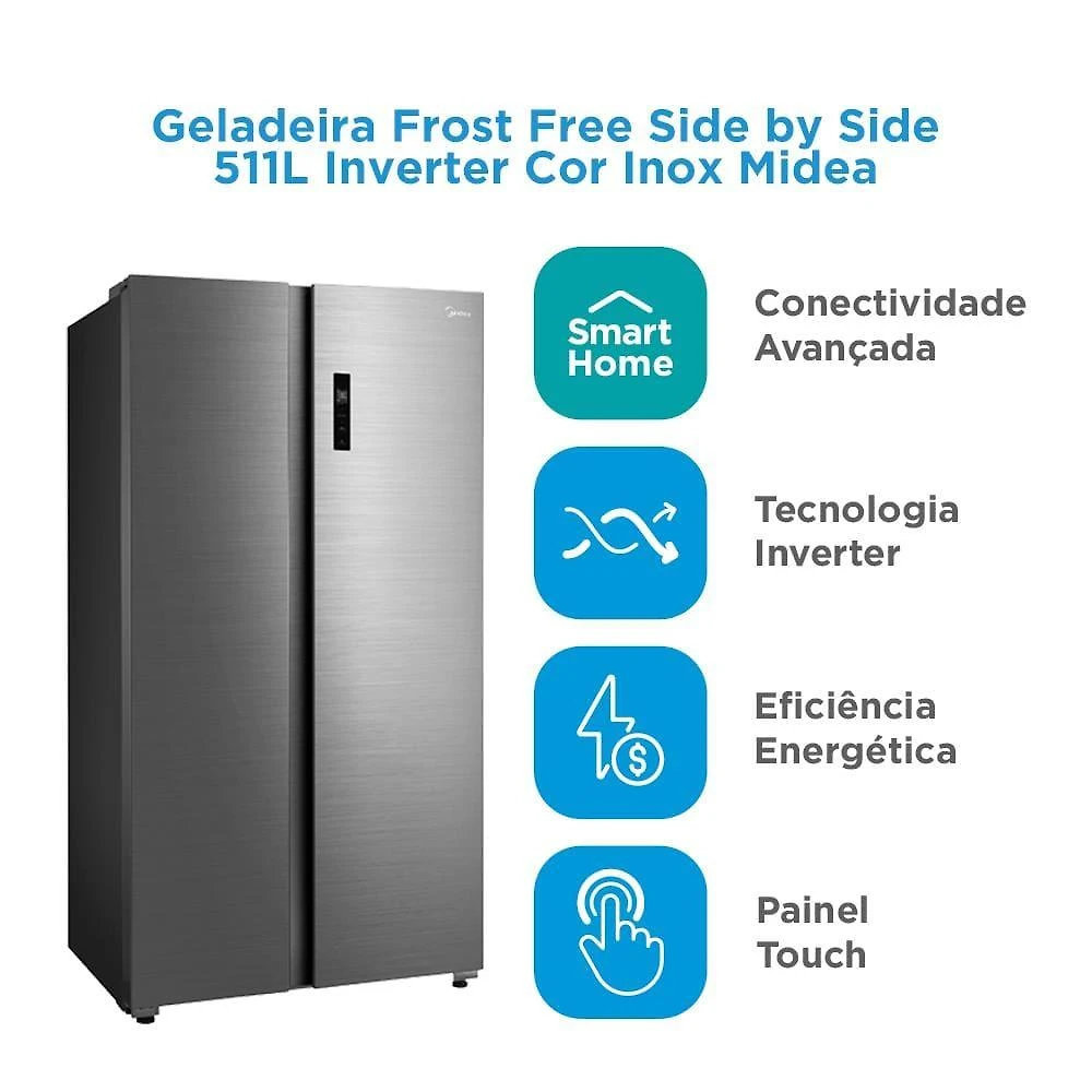 Geladeira fost free side by side midea md-rs710 511l smart inverter wi-fi alexa inox