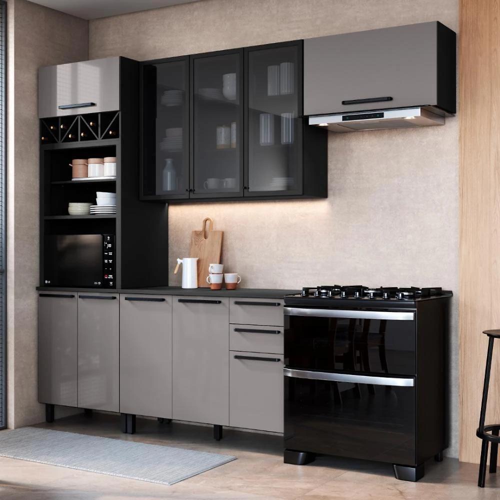 Armário de Cozinha Modulada Completa Mônaco 10 Portas 2 Gavetas MDF-MDP 270CM Chumbo-titânio