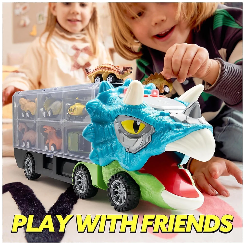 Brinquedo de Dinossauro JOYIN 13 em 1 para Crianças 3-5 anos, Caminhão Triceraptor com 12 Carros de Tração, Presente de Aniversário para Meninos