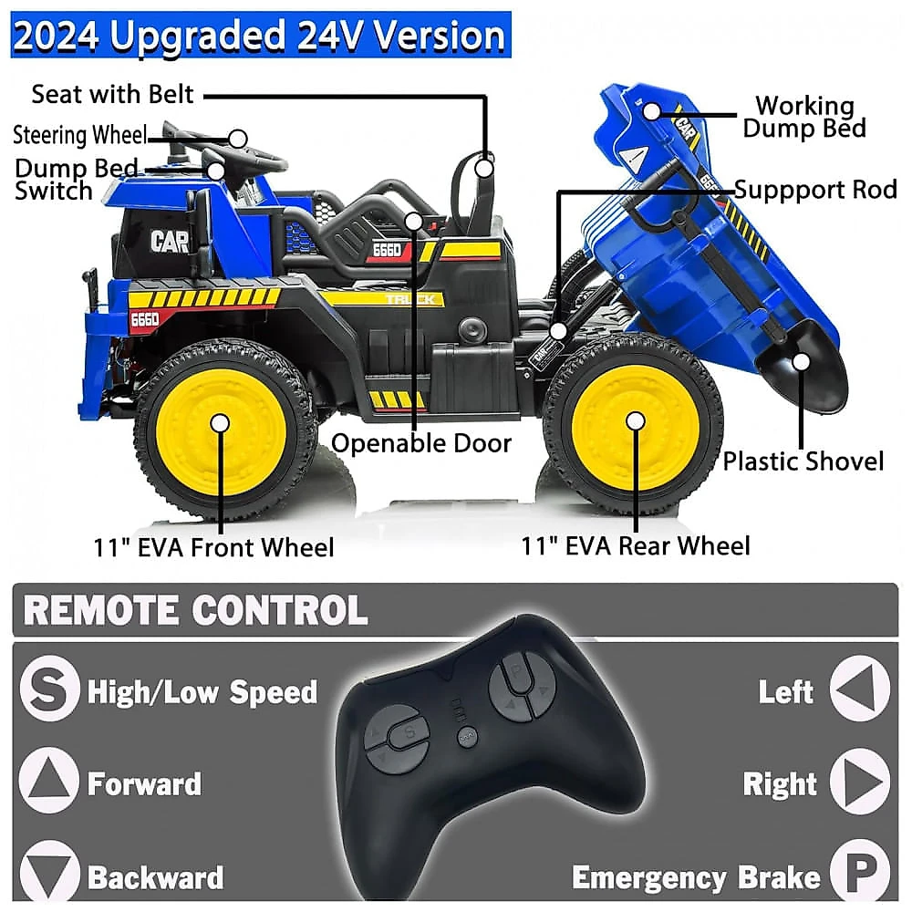 Caminhão Basculante Infantil Elétrico NEWQIDA Azul 24V 2 Motores Pá Remota Caçamba Elétrica Bluetooth LED Bancos 19"