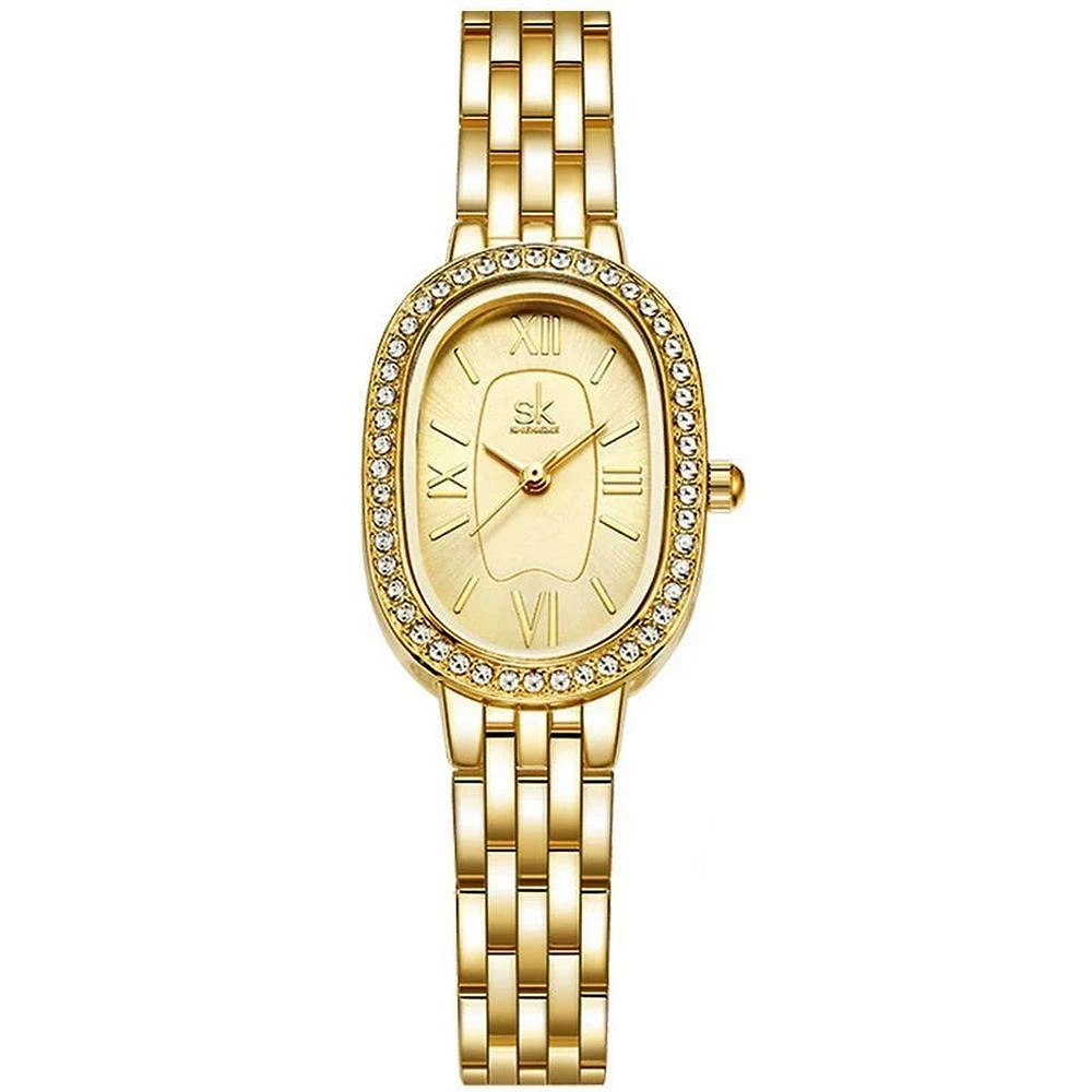 Relógio de Pulso Feminino Design Elegante Strass Minimalista Analógico em Aço Inox Dourado Shengke