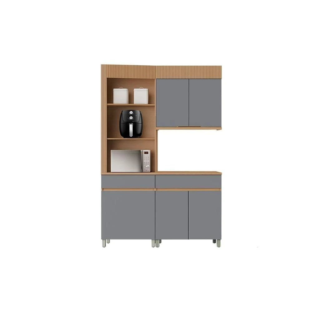 Kit Cozinha Realeza 3 Portas 2 Gavetas MDF 80CM Carvalho e Titânio Nesher Móveis