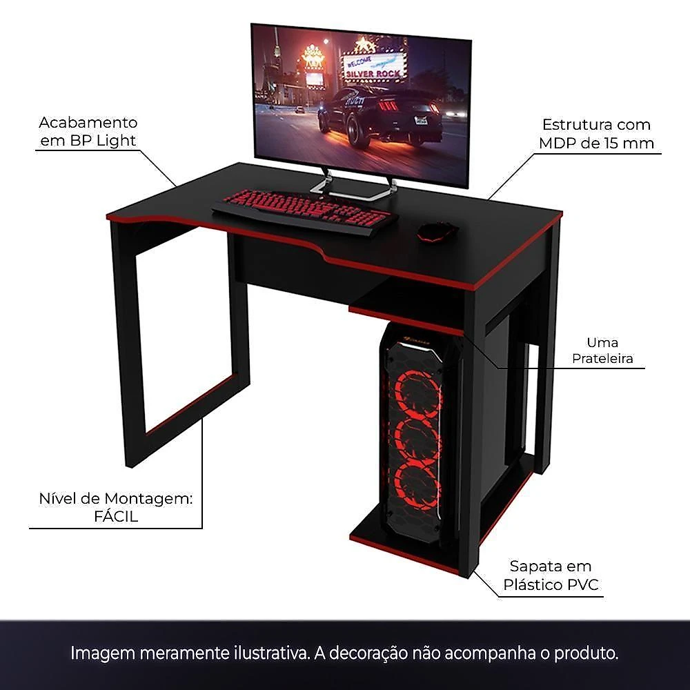 Mesa para Escritório Gamer ME4161 Home Office MDP 105cm Preto-vermelho Gran Belo