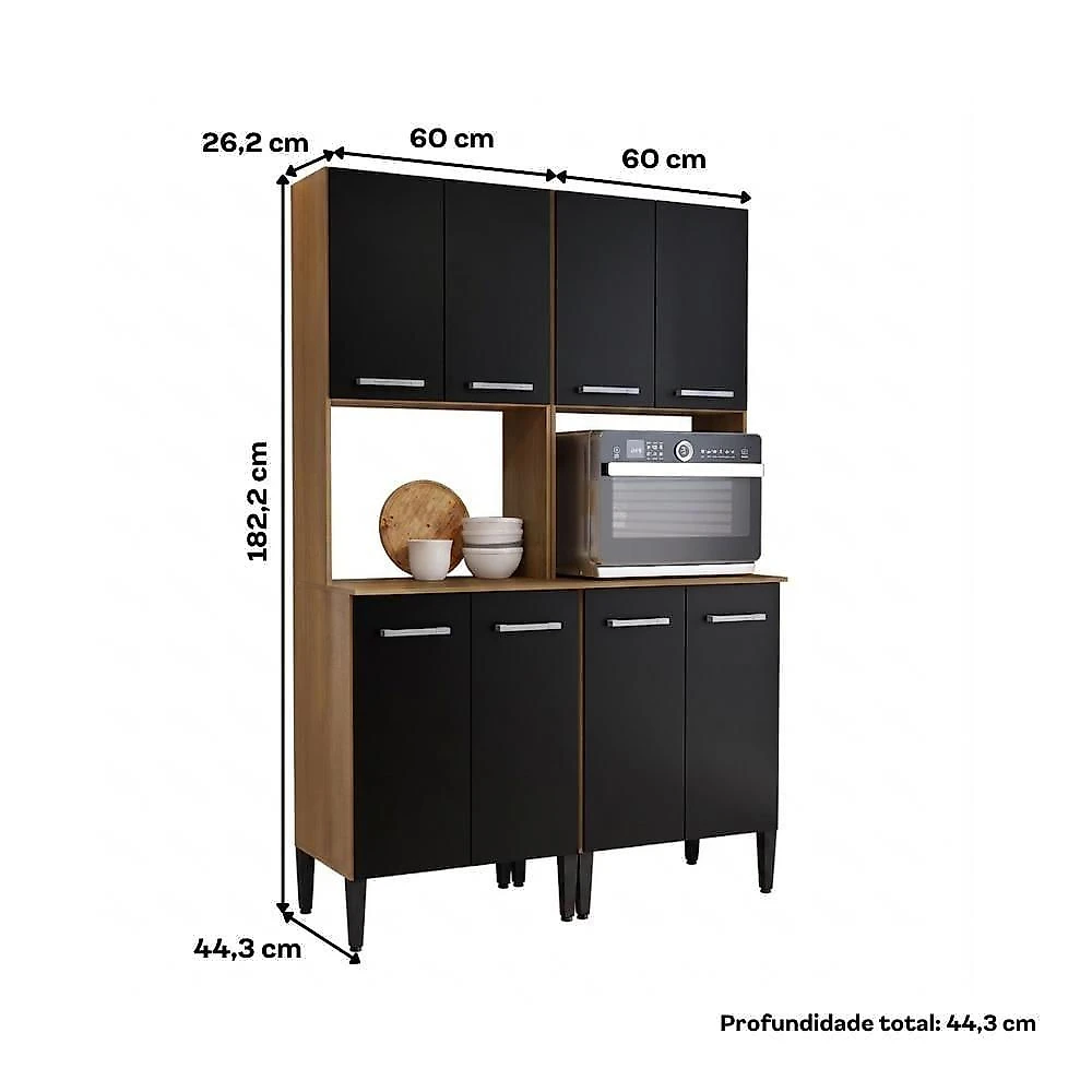 Cozinha Arizona 8 Portas sem Gavetas MDF MDP 120,0CM Carvalho com Preto Móveis Carraro