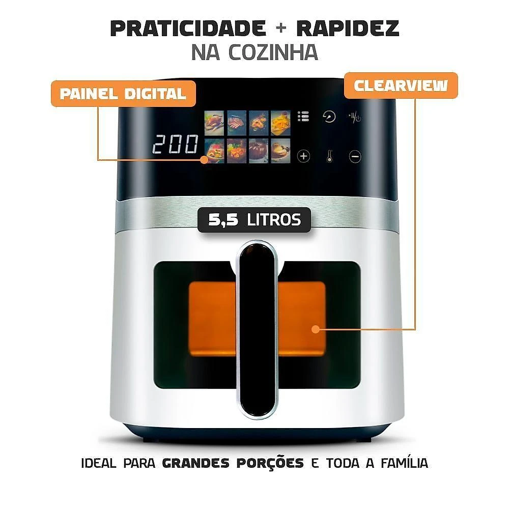 Air Fryer Fritadeira Elétrica Digital Extream 5,5L 1500W Multifunção Branco 220V