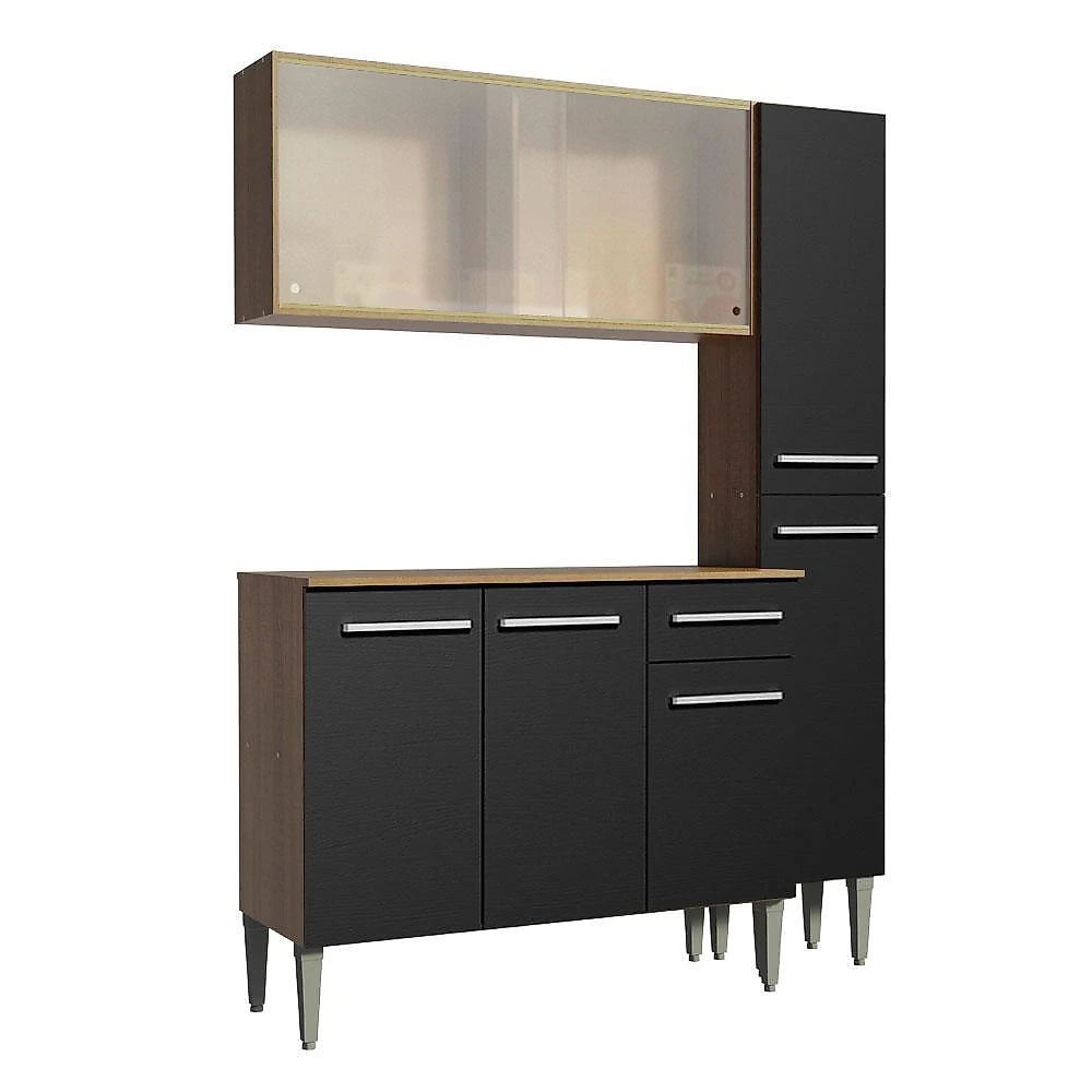 Armário de cozinha compacta madesa emilly force com balcão e paneleiro rustic/preto
