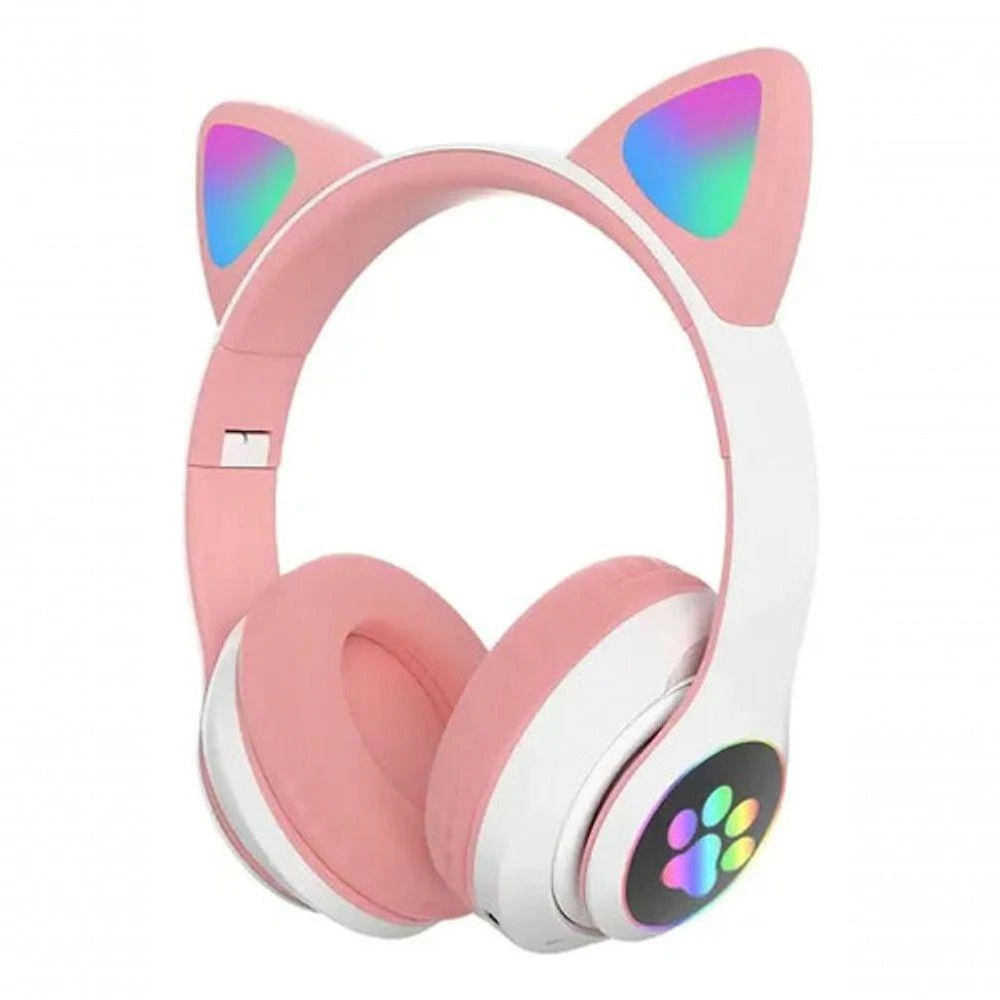 Fone de Ouvido Bluetooth Higipack Iuz com LED RGB nas Orelhas de Gato e Microfone 5.0 Rosa