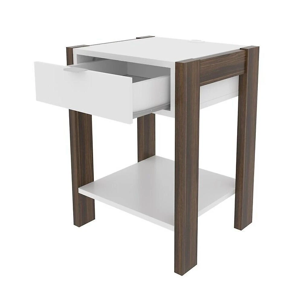 Conjunto Cama Solteiro com 1 Mesa de Cabeceira Nogal/Branco