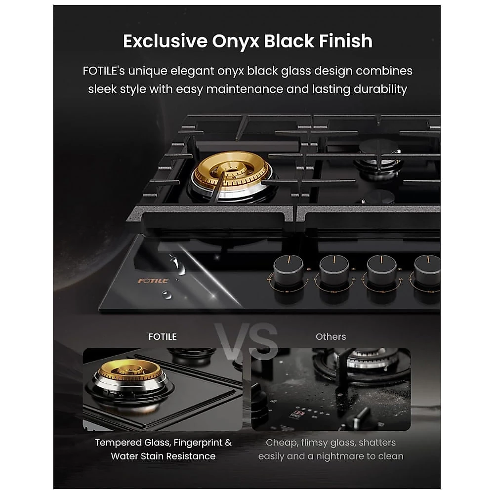 Cooktop a gás 5 queimadores Fotile vidro temperado preto queimador triplo 18.000 BTU layout em losango 110V