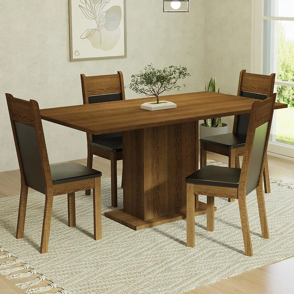 Conjunto sala de jantar mesa tampo de madeira 4 cadeiras rustic/preto elisa madesa
