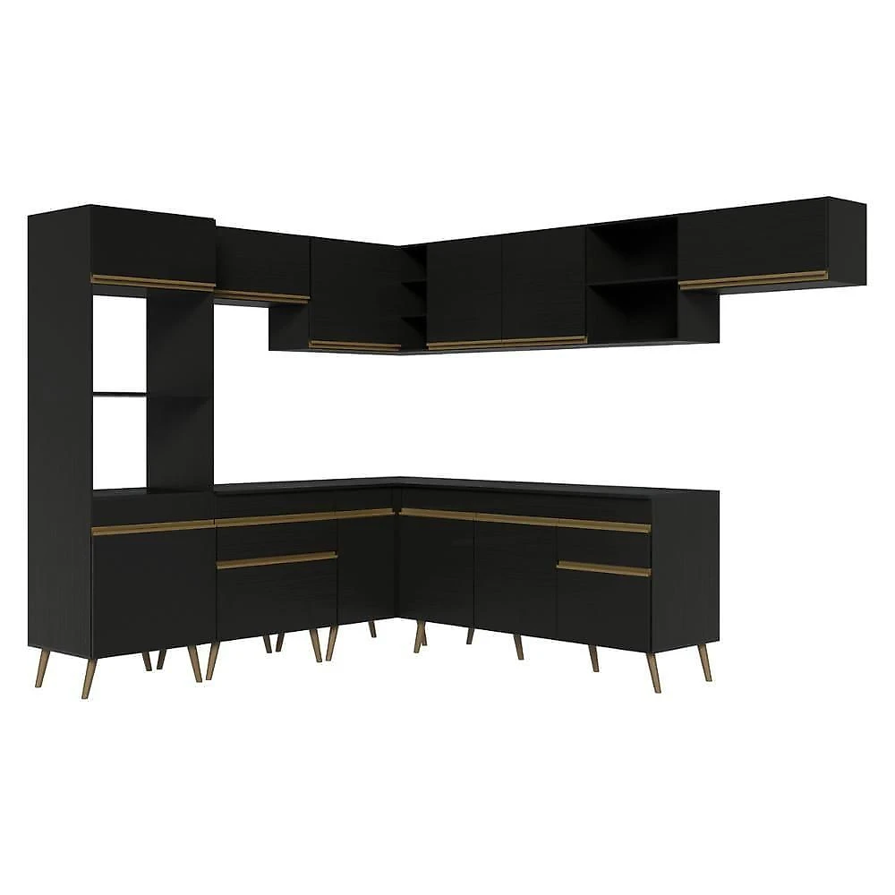 Armário Cozinha Modulada Completa de Canto 12 Portas 2 Gavetas MDP 222CM Preta Multimóveis