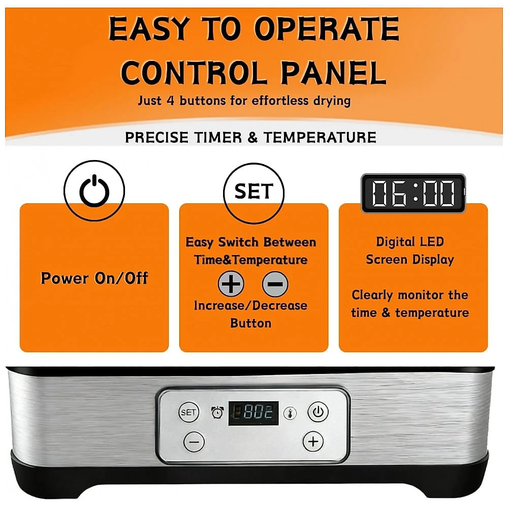 Desidratador de Alimentos Lszy Preto 300W com Timer 24h e 5 Bandejas Altura Ajustável 120V